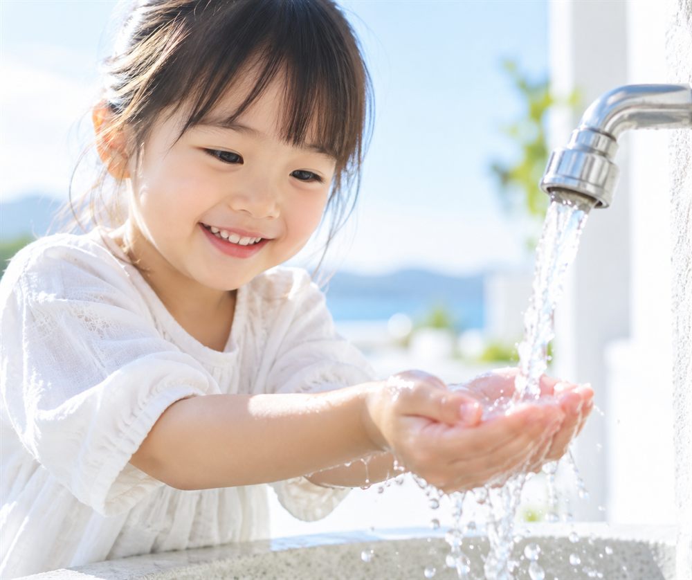 水に手を差し出して笑う子ども